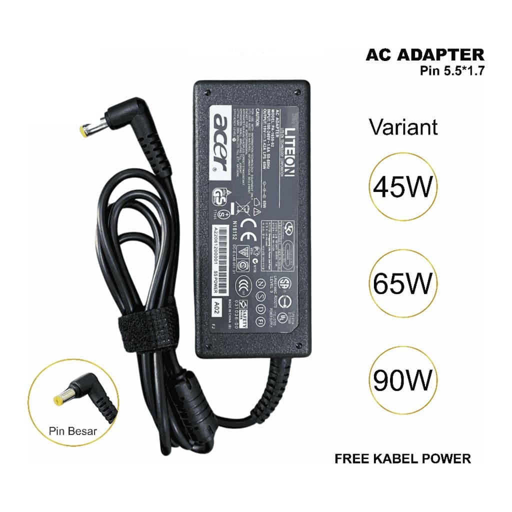 Adaptor Laptop untuk Acer 19V Colokan 5,5 x 1,7 mm